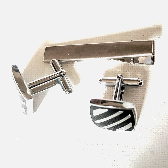 NEW 3pc. Cufflinks: "Striped" Stainless Steel/Enamel & Tie Bar. Bullet Back - Picture 6 of 8